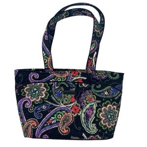 Vera Bradley Multicolor Black Background Paisley Daisy Dot Interior Large Tote
